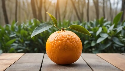 Photo of a fresh orange without leaves on a wooden table with an orange grove in the background