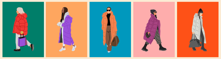 Set of different women wearing warm winter clothes. Girls, senior woman, stylish ladies in puffer jacket, knitted hat, scarf going about their daily business. Casual fashionable cold weather outfits.