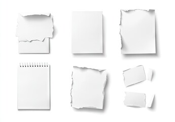 Collection of ripped and blank paper notes.  Various sizes and styles of paper, from single sheets to spiral notebooks, all showcasing torn edges