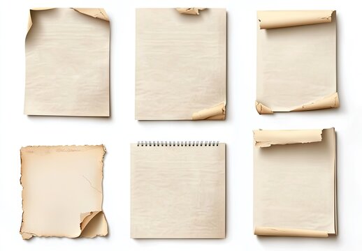 Vintage paper collection with various edges.  Six sheets of aged, textured paper, showcasing different degrees of wear and curl