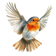 Obraz premium A bird with a red beak and orange feathers is flying in the air