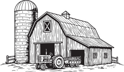 Farm Scene Illustration Barn Silo and Tractor Vector Outline © shinheo