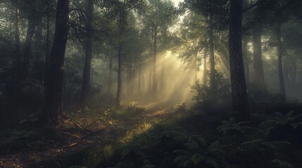 Obraz premium Enchanting Forest, Sun Rays Streaming Through the Tranquil Woodland