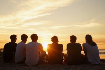 Friends watch sunset on the beach while sitting together during summer evening