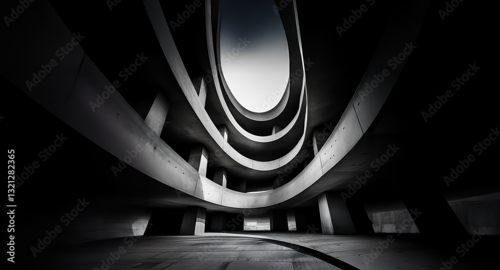 Poster A dramatic low angle view of a dark and moody architectural structure featuring curved concrete lines creating depth and an abstract perspective.