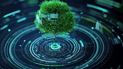Digital Technology Meets Nature: A Lush Green Tree Surrounded by Futuristic Data Visualizations and Graphs in a Tech-Inspired Landscape - Powered by Adobe