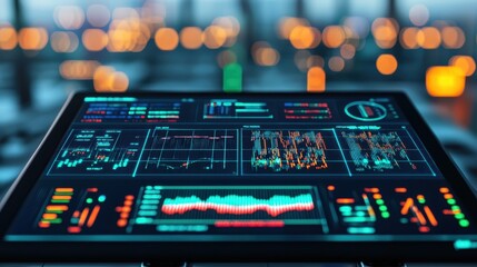 A digital tablet displaying colorful data visualizations and analytics against a blurred, illuminated background.