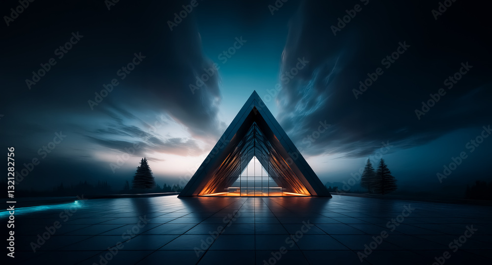 Leinwandbilder illuminated triangle structure stands against a dramatic sky at twilight. reflective surface and dar