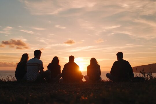 Friends gather at sunset overlooking the ocean while enjoying a peaceful evening together