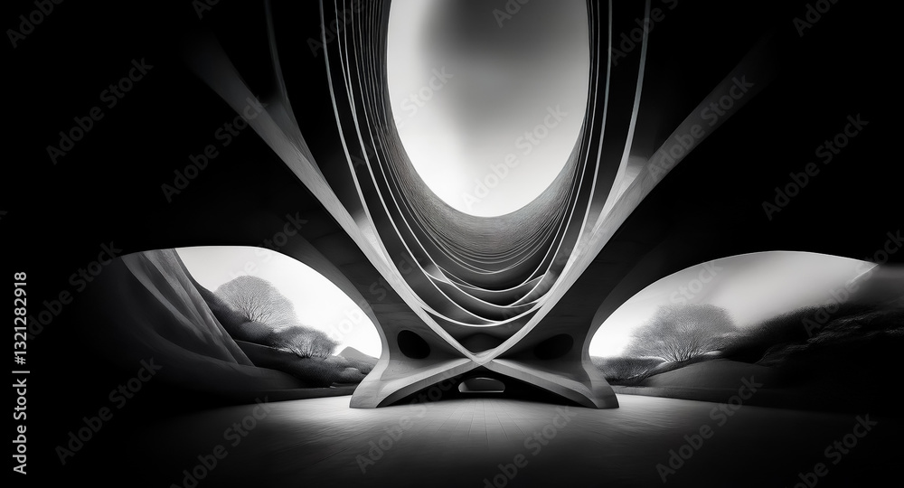 Fototapete Futuristic monochrome architecture featuring curved arches and abstract shapes. The structure appears to be an interior or an abstract landscape, bathed in light and shadow play.