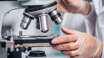 Fototapeta premium Close-up of Scientist Adjusting Slide on High-Powered Microscope for Research