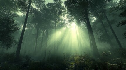 Fototapeta premium Ethereal Sunlight Filtering Through Dense Forest Canopy in Serenity