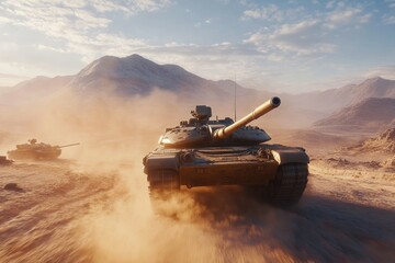 Tank crossing forest stream at daybreak with splashing water. Artificial Intelligence image