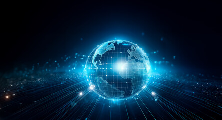 Obraz premium A digital globe, brightly illuminated with blue light, stands out against a dark backdrop. Glowing lines radiate from the sphere, implying connection and modern technology in a futuristic setting.