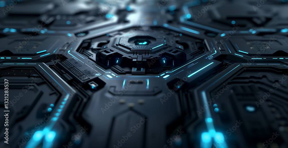 Poster a futuristic technology background featuring glowing blue and cyan circuits, interconnected data str