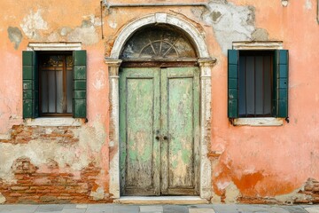 Weathered wooden door on rustic wall with exposed bricks. Artificial Intelligence image