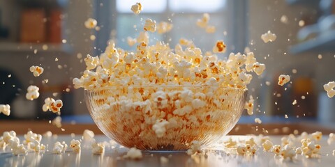 Popcorn bursts from a glass bowl in a bright kitchen, capturing the excitement of snack time