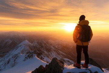 Fototapeta premium Hiker enjoys a breathtaking sunset view from a mountain peak in winter