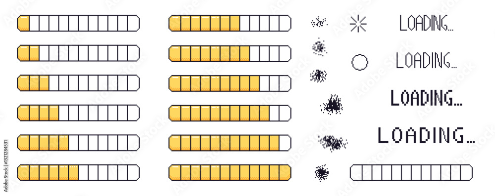 Fototapete pixel art loading bar interface. 8 bit game progress button elements set and text. waiting signs in 