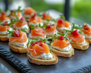 Smoked salmon canap?s on toasted baguette slices with cream cheese and arugula.