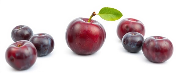 A single, ripe plum isolated on a pure white background, fresh, dessert