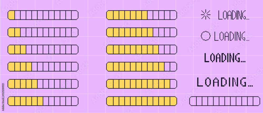 Fototapete pixel art retro loading bar interface. 8 bit progress button elements set and text. y2k game waiting