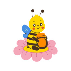 Cute Bee sitting on Flower with jar of Honey. Cartoon honeybee hand drawn vector illustration. Beekeeping character in flat style. Adorable summer insect