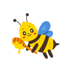 Flying Bee with Honey Stick. Adorable honeybee hand drawn vector illustration in flat style. Beekeeping design element