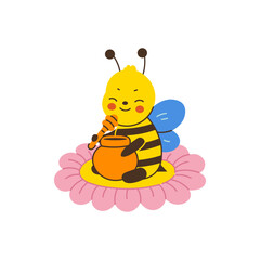 Honey Bee with Pot and Honey Stick sits on Flower. Cute beekeeping hand drawn mascot. Adorable Character vector illustration with bee eating sweets. 