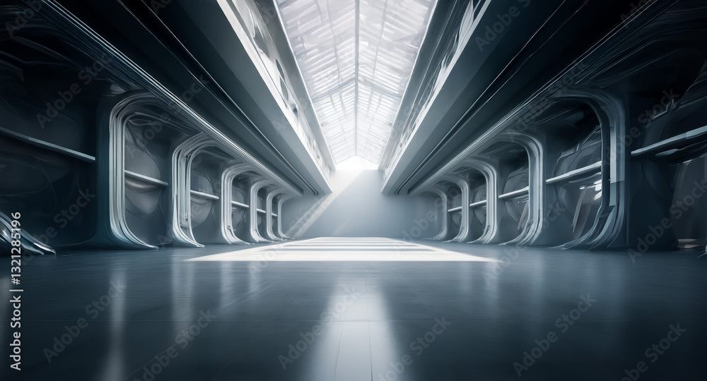 Aufkleber futuristic tunnel with metallic walls and ceiling. light shines brightly from the end of the corrido