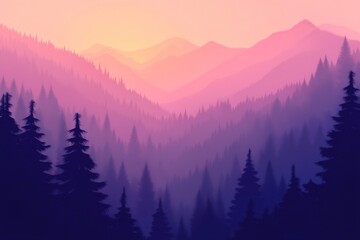 Obraz premium Stunning purple and pink gradient emerging from a misty forest silhouette during a breathtaking sunset, creating a serene atmosphere