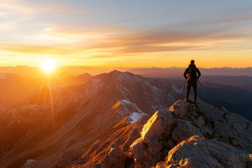 Sunset view from a mountain peak with a hiker overlooking distant ranges and valleys