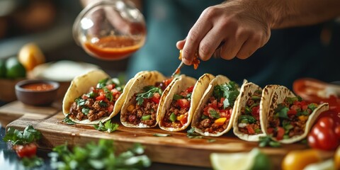 Delicious tacos being prepared with fresh ingredients in a cozy kitchen setting during the afternoon