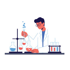 Scientist conducting experiments with colorful liquids in flat vector art