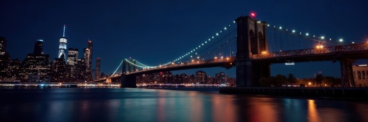 Fototapeta premium Illuminated Brooklyn Bridge cables, city lights reflecting on water, city lights, architecture, structure