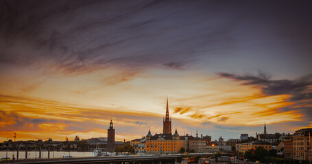 Stockholm, Sweden. Day To Night Transition . Scenic View Of Stockholm Skyline At Summer Evening....