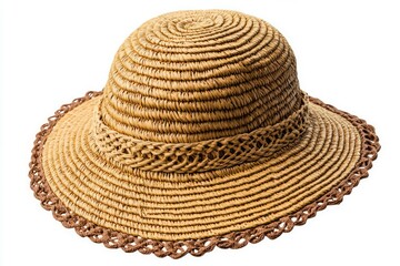 Brown straw hat with floral embellishment on white background. Artificial Intelligence image