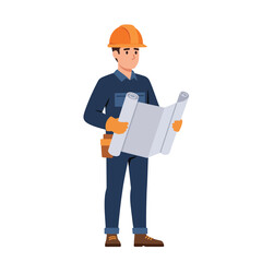 Construction worker holding blueprints in flat design vector art