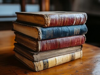 Naklejka premium Stack of antique books on wooden table.