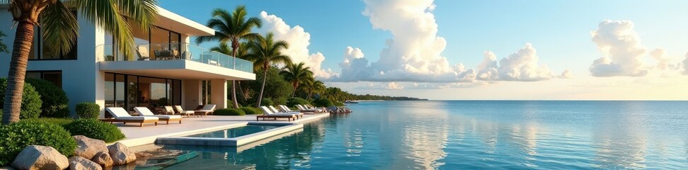 Fototapeta premium Modern waterfront home, Fort Lauderdale, sunny day, coastal, sea, sky