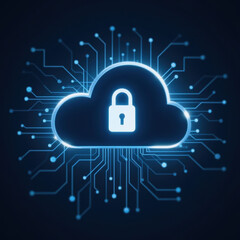 Cloud security concept, digital cloud with padlock symbol, modern technology theme, data protection and privacy focus.