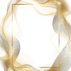 Elegant gold frame with flowing, textured, shimmering,  beige and grey ribbons