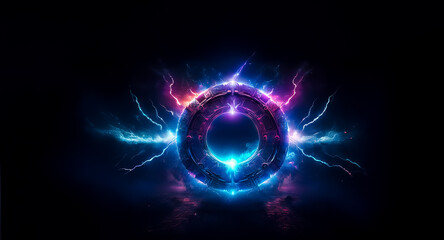 Obraz premium A luminous circular object emits electric sparks in blue, purple, and pink hues against a dark background. Energetic and vibrant display of light.