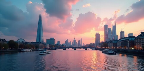 Obraz premium Stunning Thames-side view of London's skyscrapers, skyscrapers, England