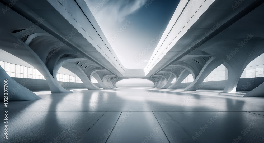 Poster modern architecture showcases white pillars and beams under a bright sky. smooth surfaces and minima