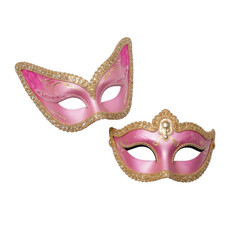 Fototapeta premium Elegant decorative masks, vibrant pink and gold detailing, perfect for costume parties or theatrical performances, eye-catching design. Isolated on white background or PNG