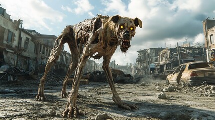 Undead canine prowls a desolated cityscape, embodying decay and despair in a post-apocalyptic horror theme