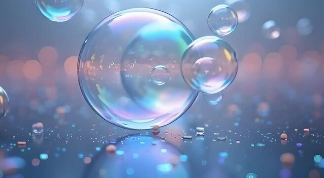 A dreamy, high-detail animation of iridescent soap bubbles drifting gently through a softly blurred background.
