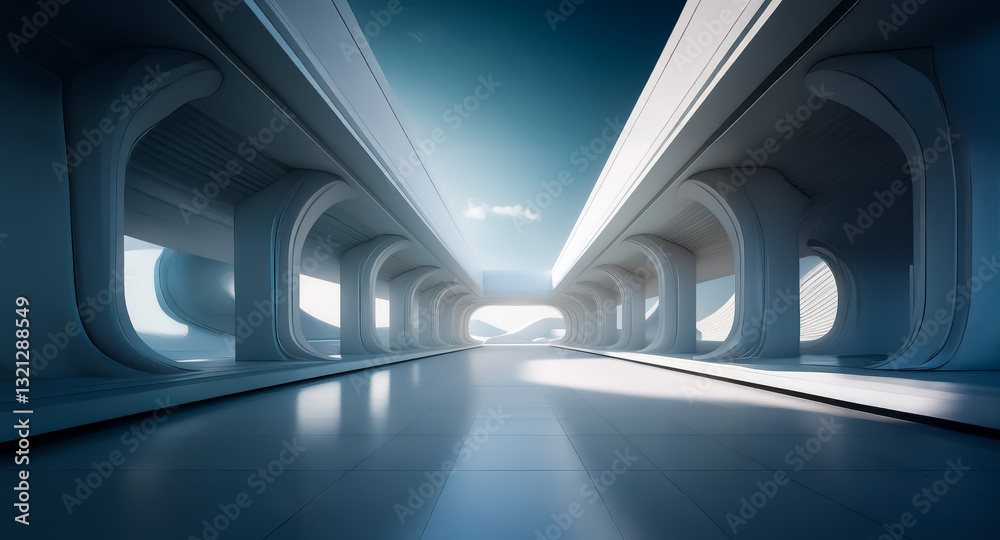 Aufkleber Bright white corridor with rounded arches creates a futuristic tunnel effect, leading towards a distant light source. Clean, minimalist, and modern architecture.