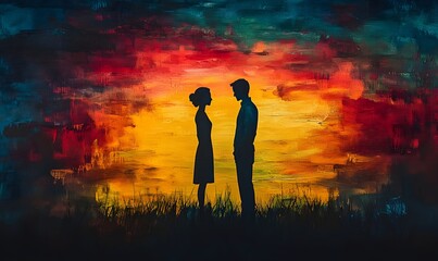 Fototapeta premium a couple silhouetted against a vibrant sunset.